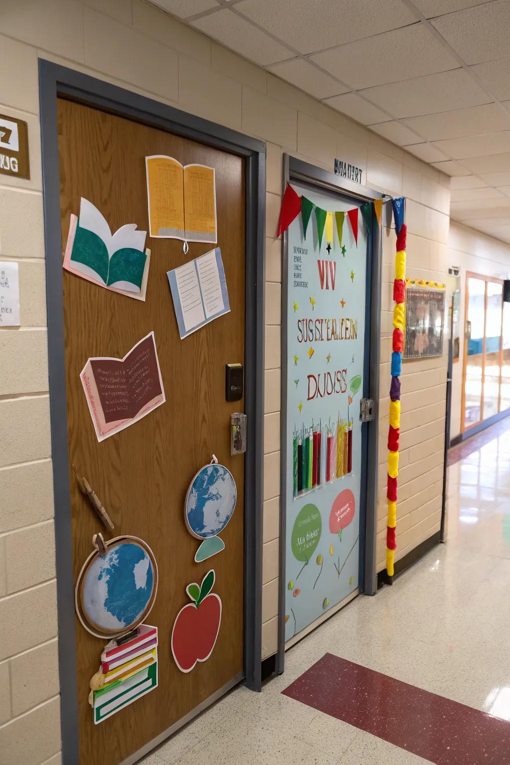 An educational theme on a school door with books and learning tools.