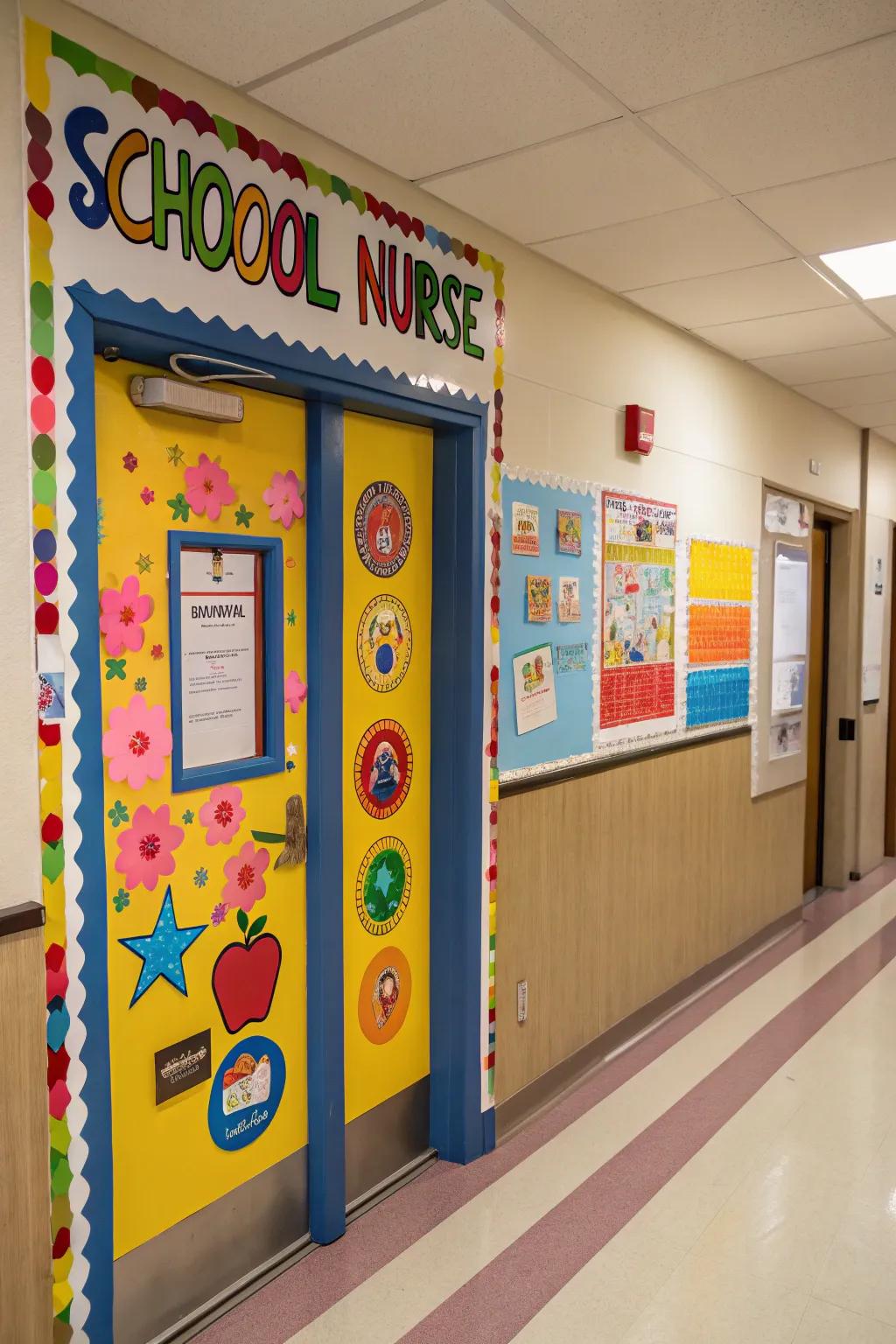 A vivid and engaging school nurse door that welcomes all.