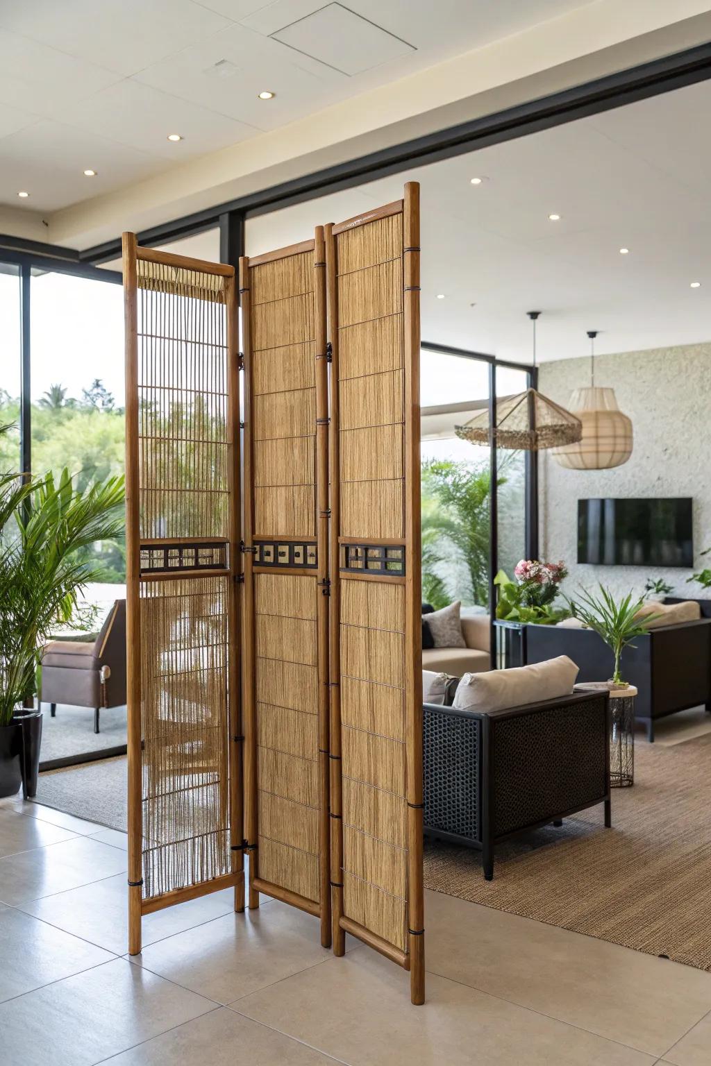 Cane screen walls present an eco-friendly and stylish decorative option.