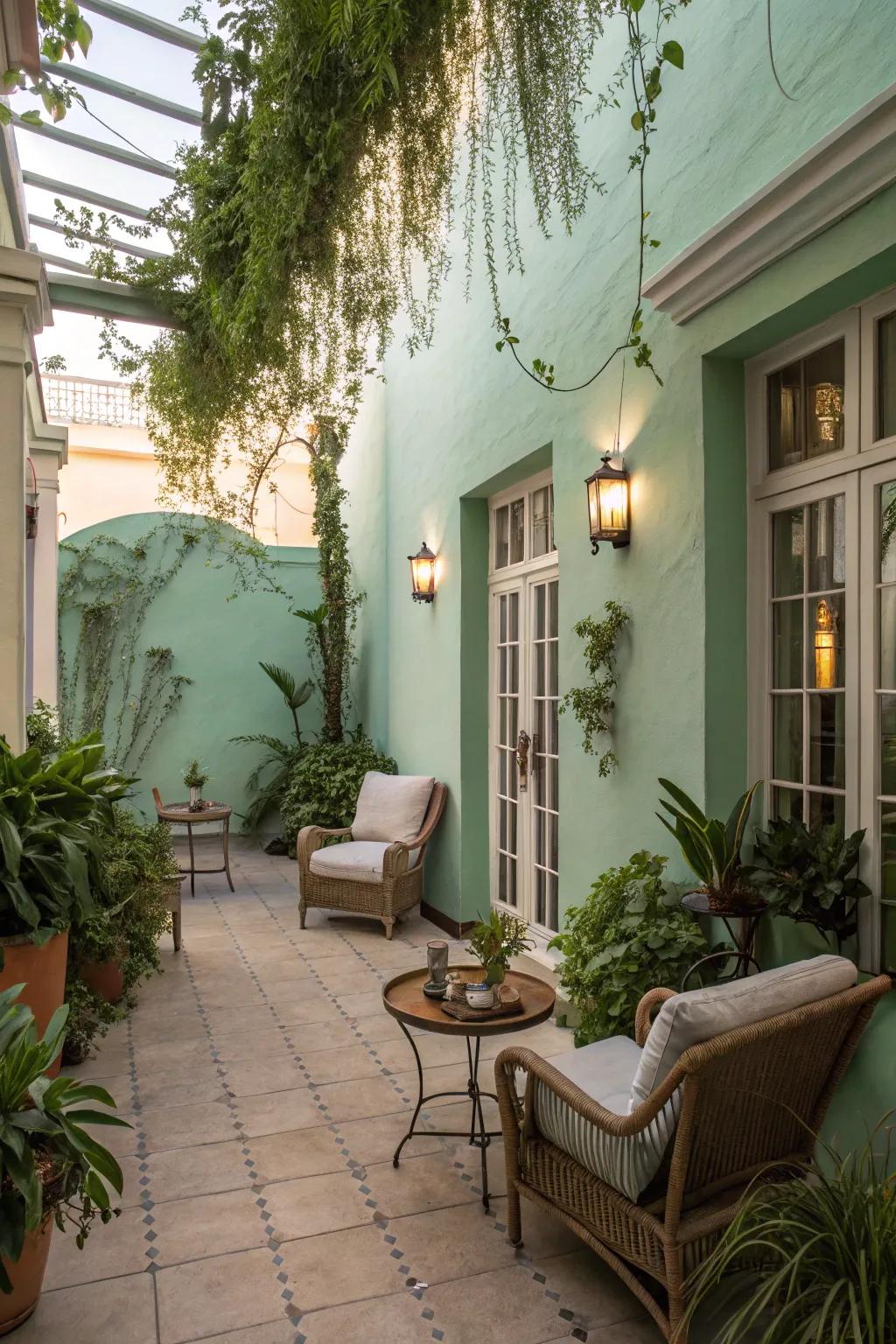 An outdoor oasis highlighting calming seafoam green walls.