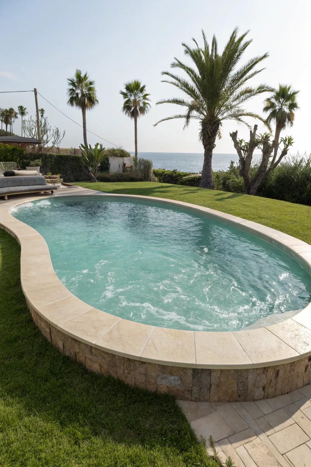 A semi inground pool with a distinctive oval form that impresses.