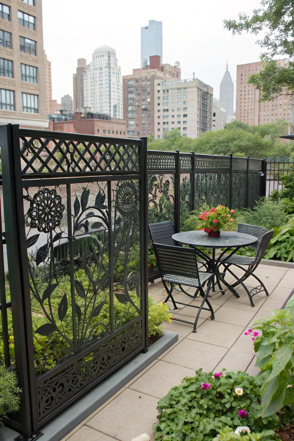 Artistic openings on a metallic fence contribute a distinctive element to this urban yard.
