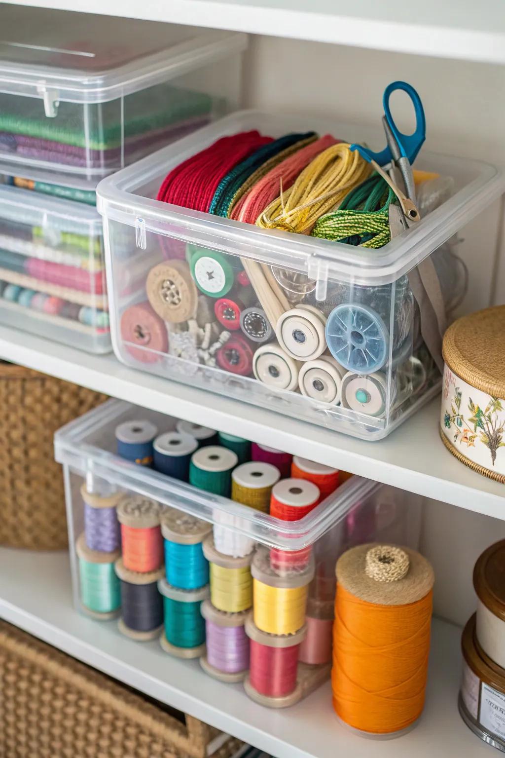 Clear containers are instrumental in cultivating a well-organized and productive sewing environment.