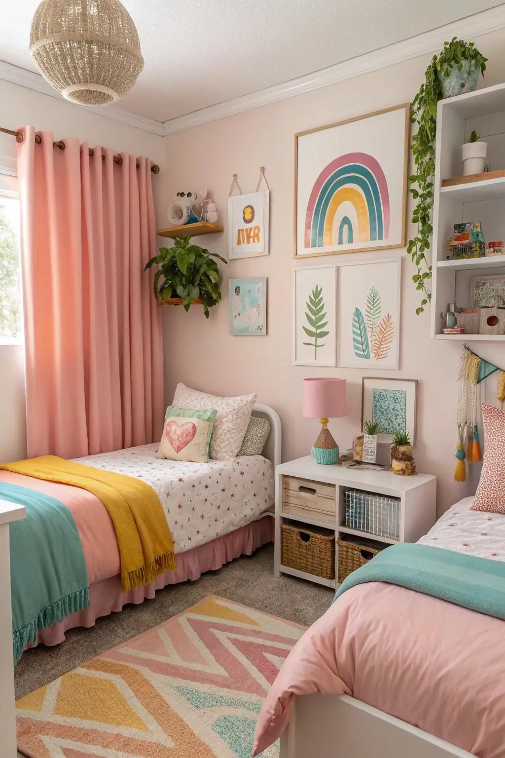 A coordinated color scheme unifies the shared bedroom's design.