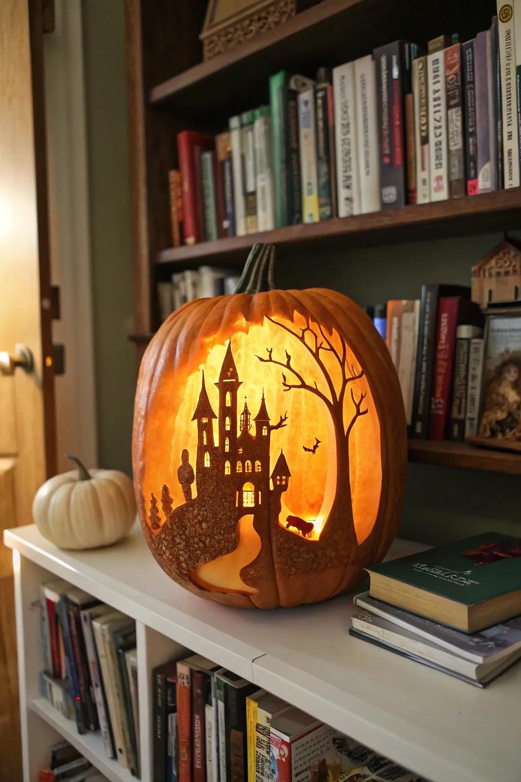 A fairy tale castle carved into a pumpkin, projecting a magical glow.