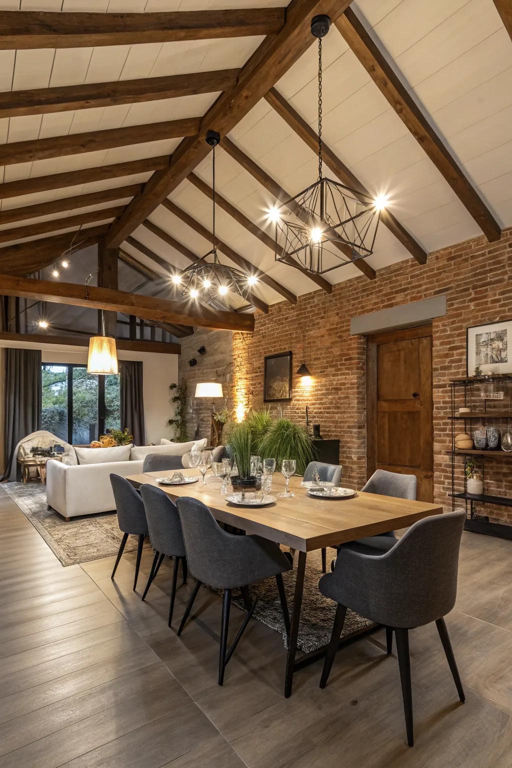 A balanced combination of modern and countryside features within the dining area's shed ceiling.