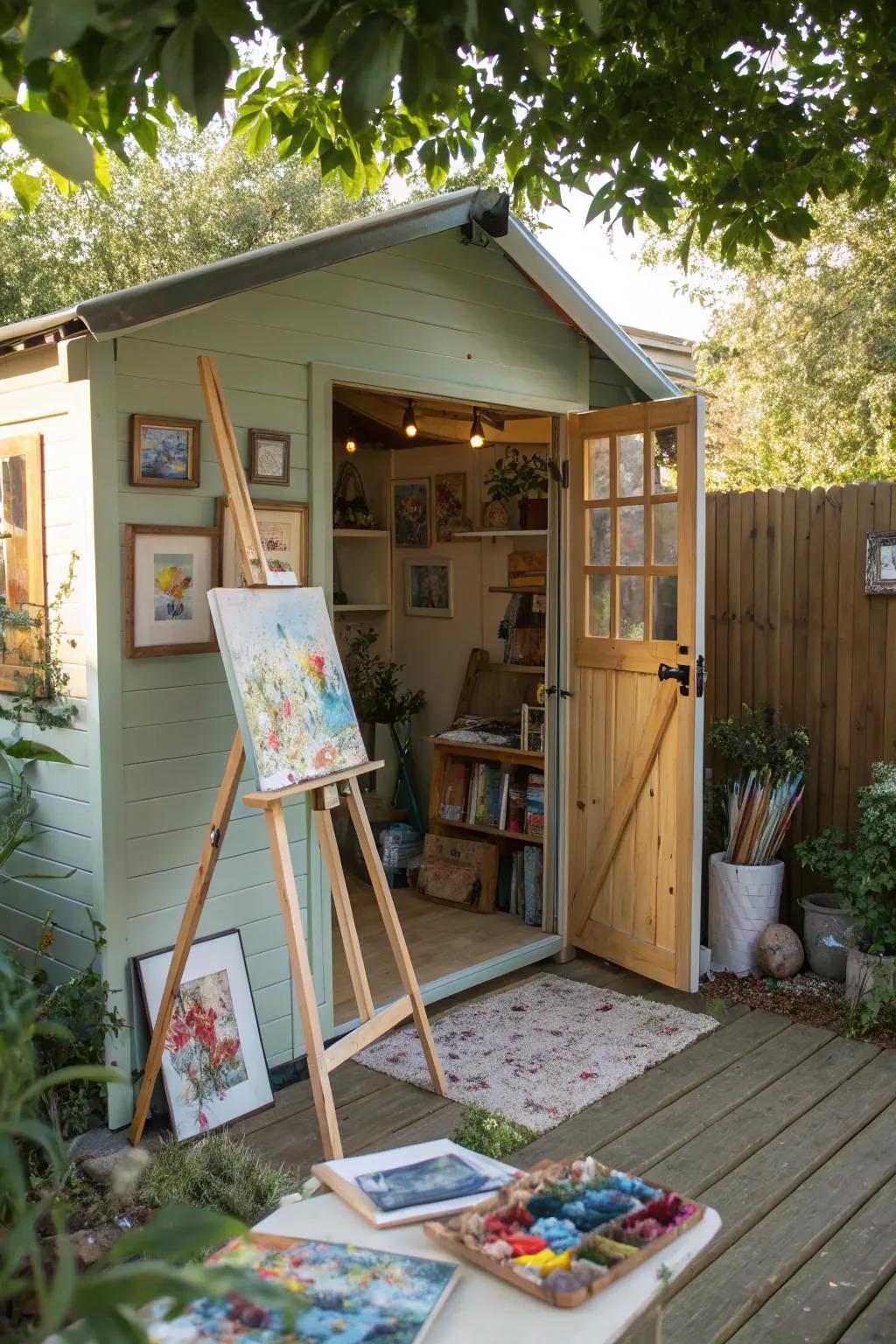 An outdoor shed converted into a creative art space.