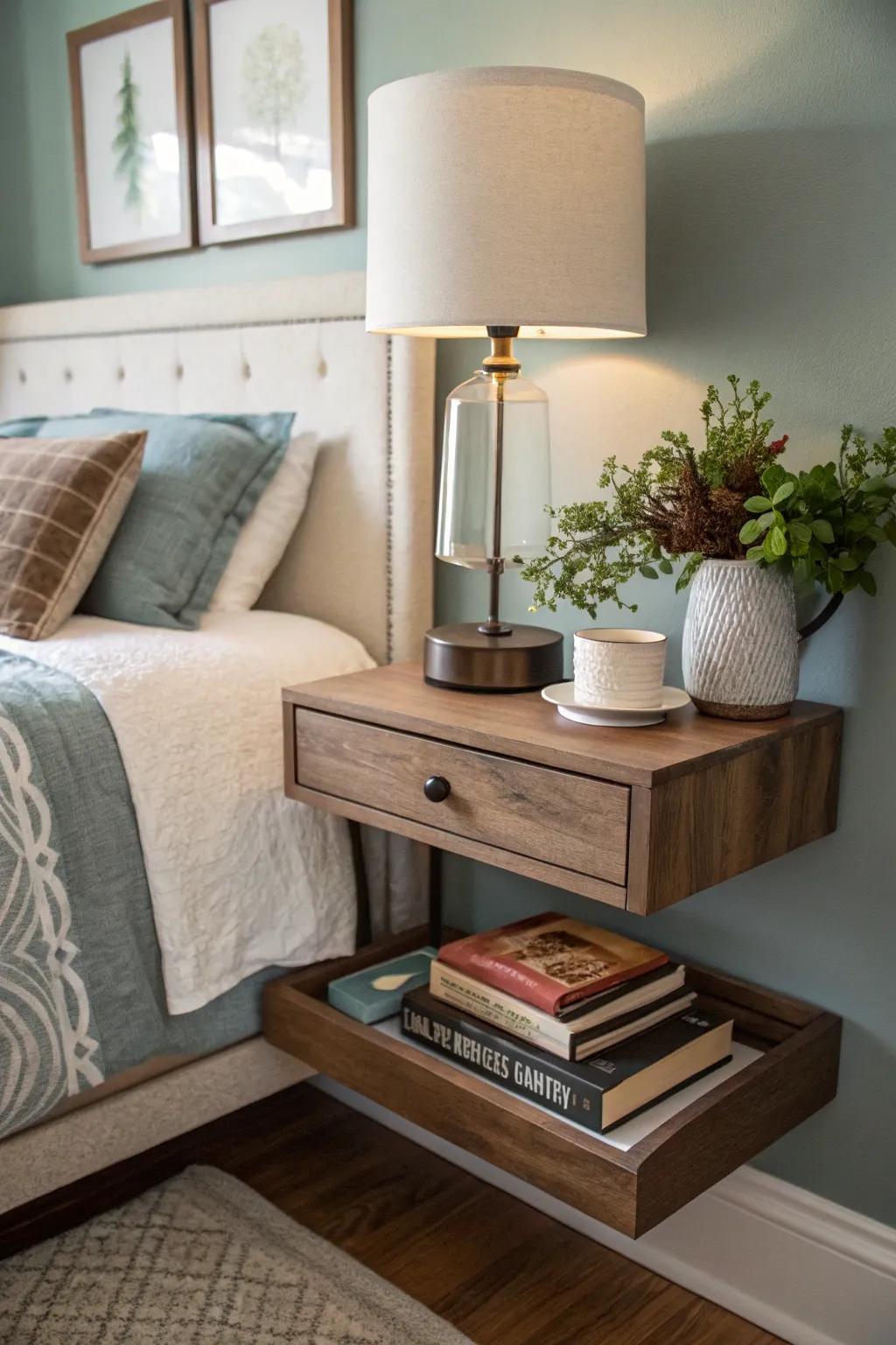 Aerial displays make perfect nightstands in compact spaces.