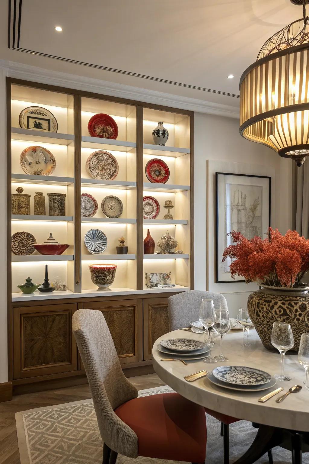 Statement shelves create a captivating centerpiece in the dining room.