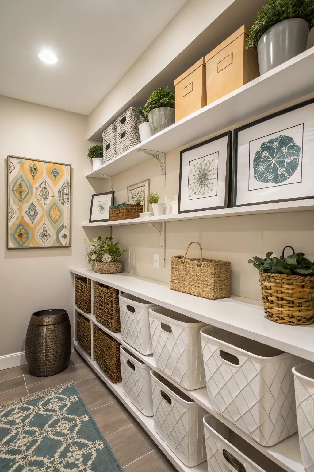 A laundry room enhanced with artwork and stylish containers, merging function with aesthetics.