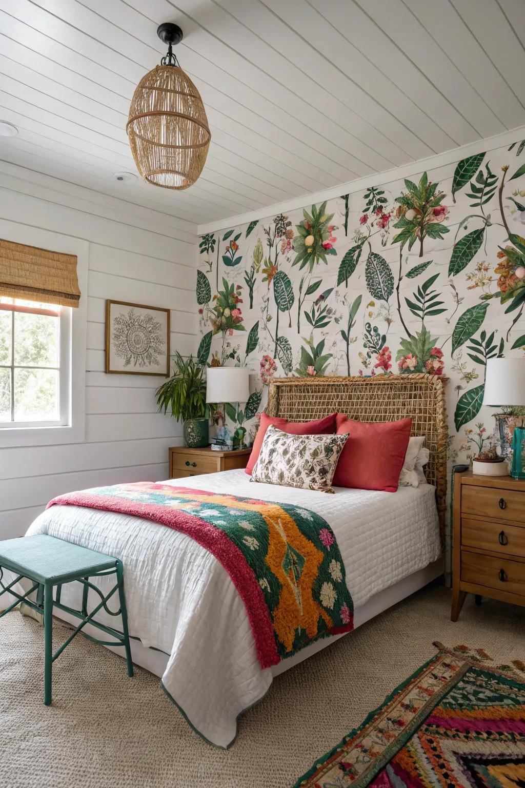 Mix shiplap and wallpaper for a unique and refreshing bedroom design.