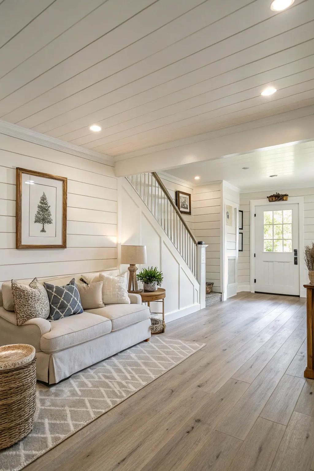 Neutral shiplap brings light to the basement.