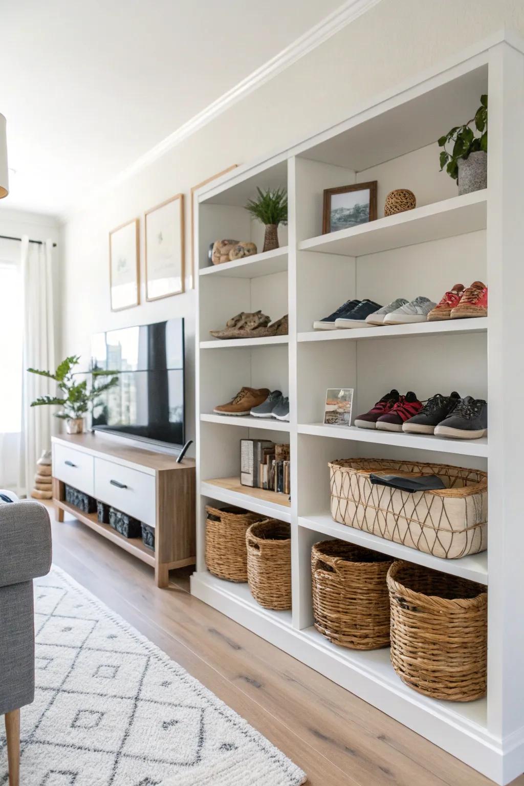 Exposed racks with baskets provide both display and storage solutions for shoes.