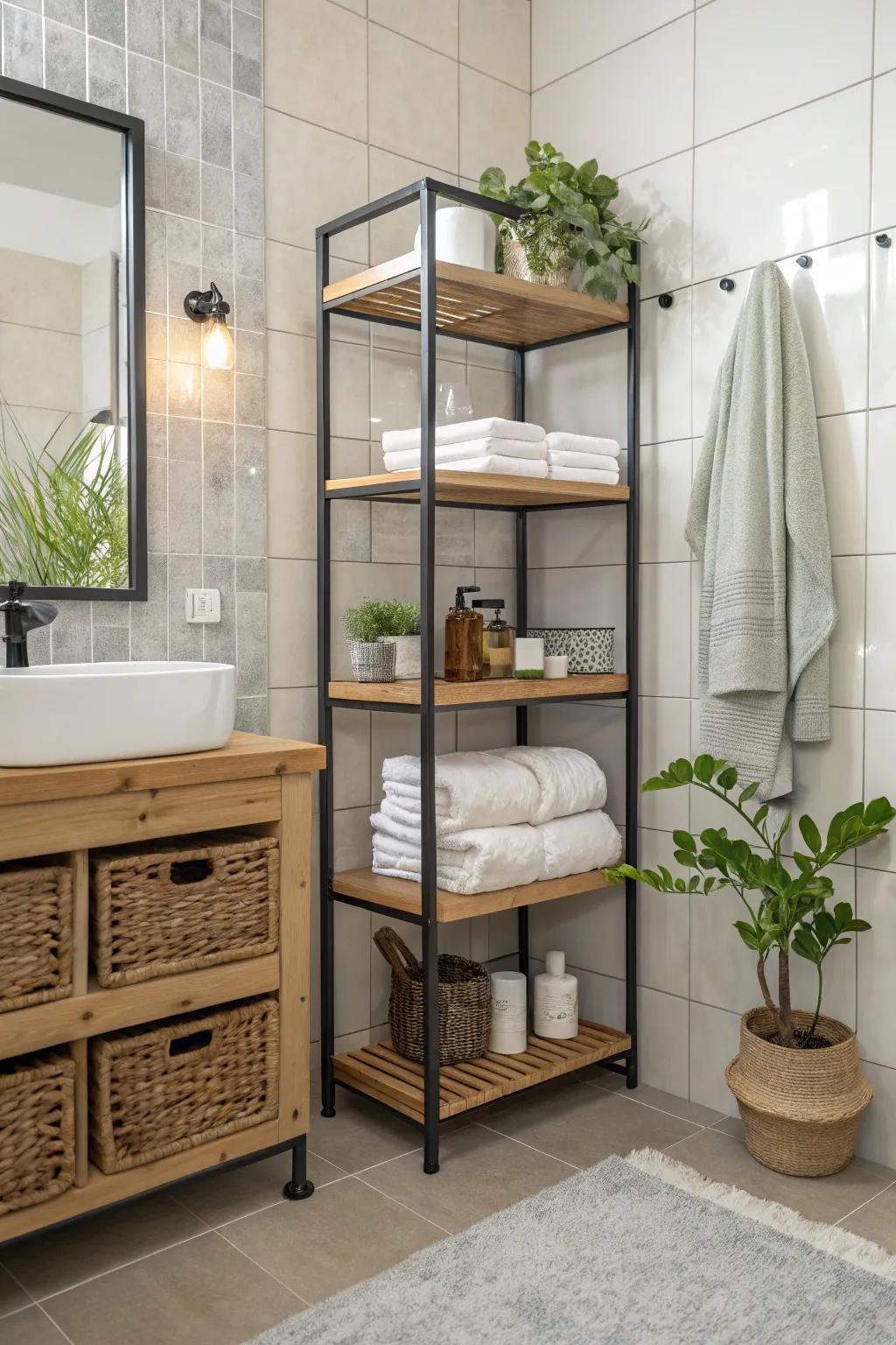 Open storage for design and utility.