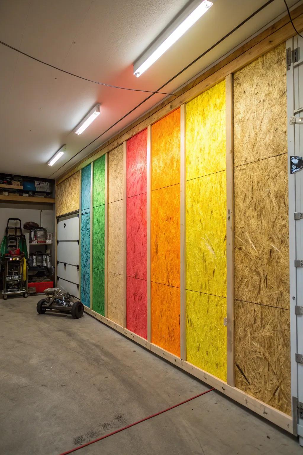 A garage wall covered in white-painted OSB panels.