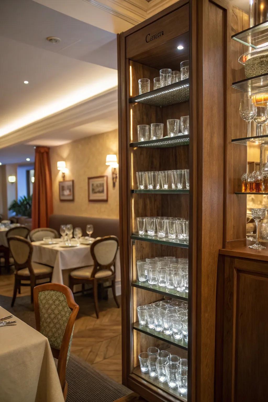 A cozy dining room corner showcasing a tall narrow shelf filled with shot glasses.