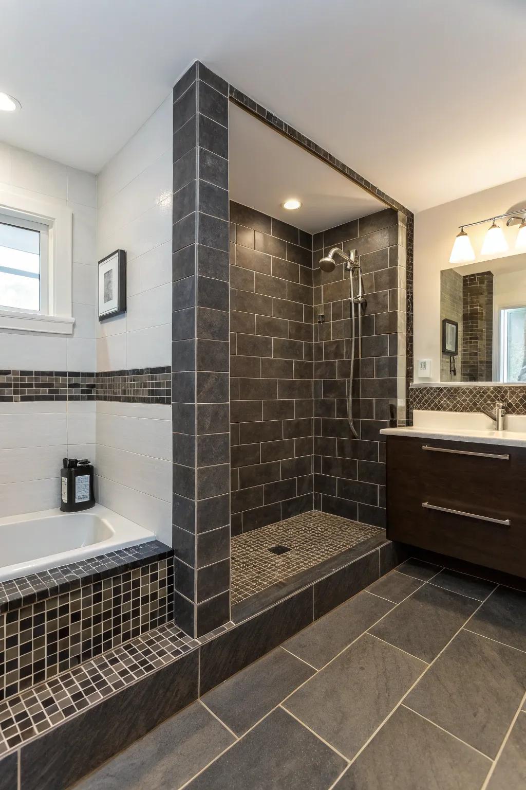 Deep hue tiles deliver a striking opposition, enhancing the contemporary aesthetic.