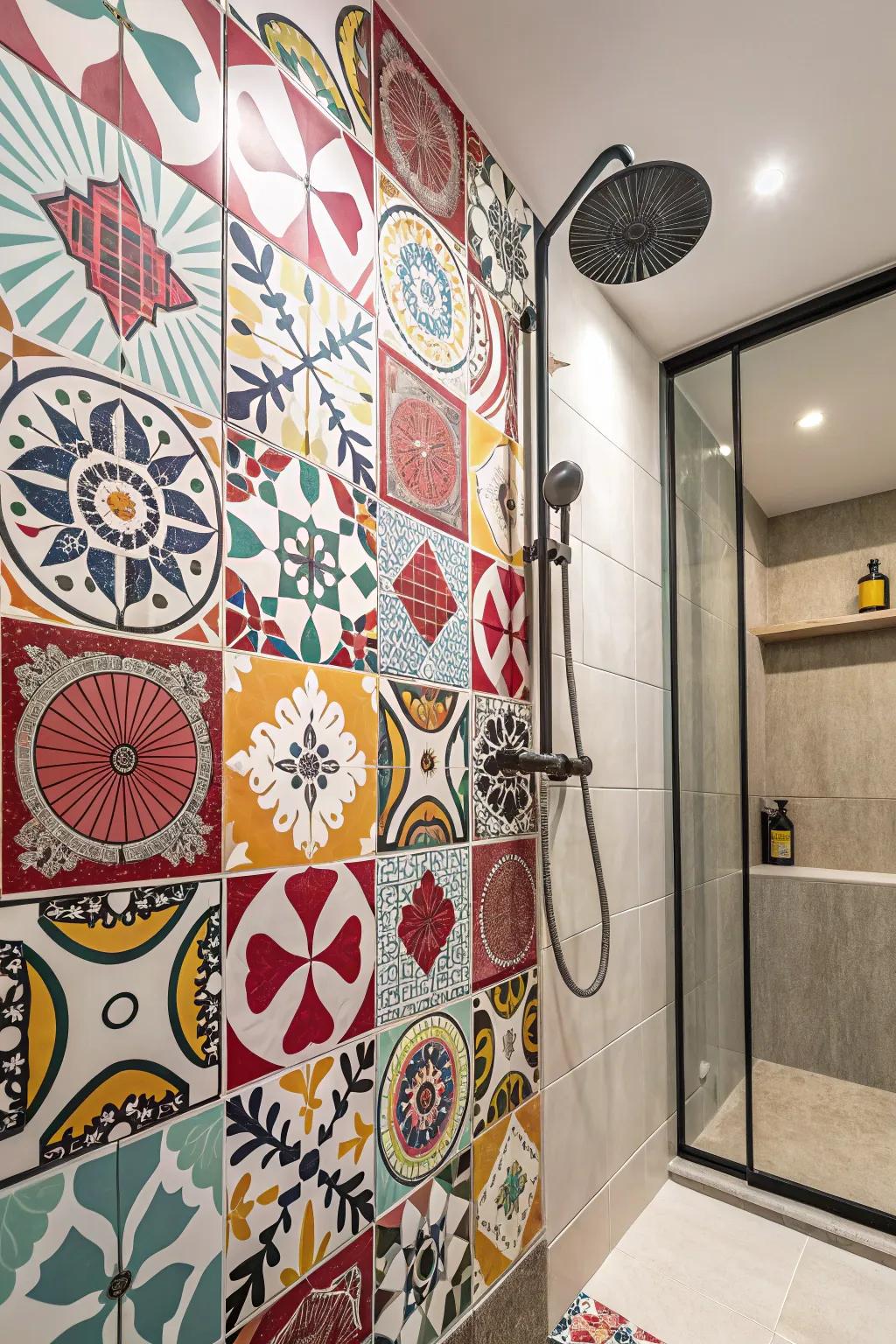 A shower showcasing statement tiles in striking designs and shades.