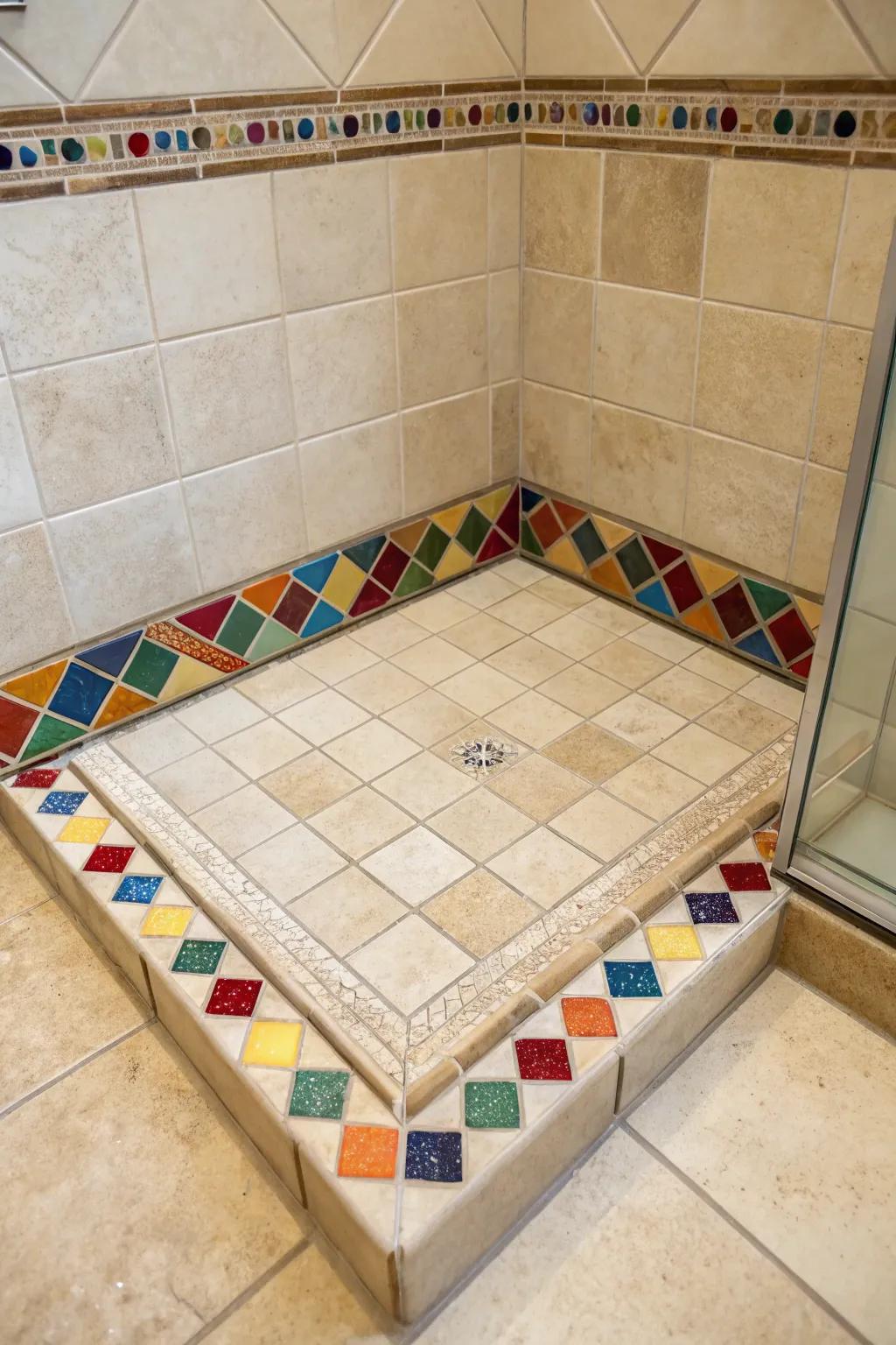 Colorful accent tiles create a stunning border on this shower pan, adding a splash of creativity.