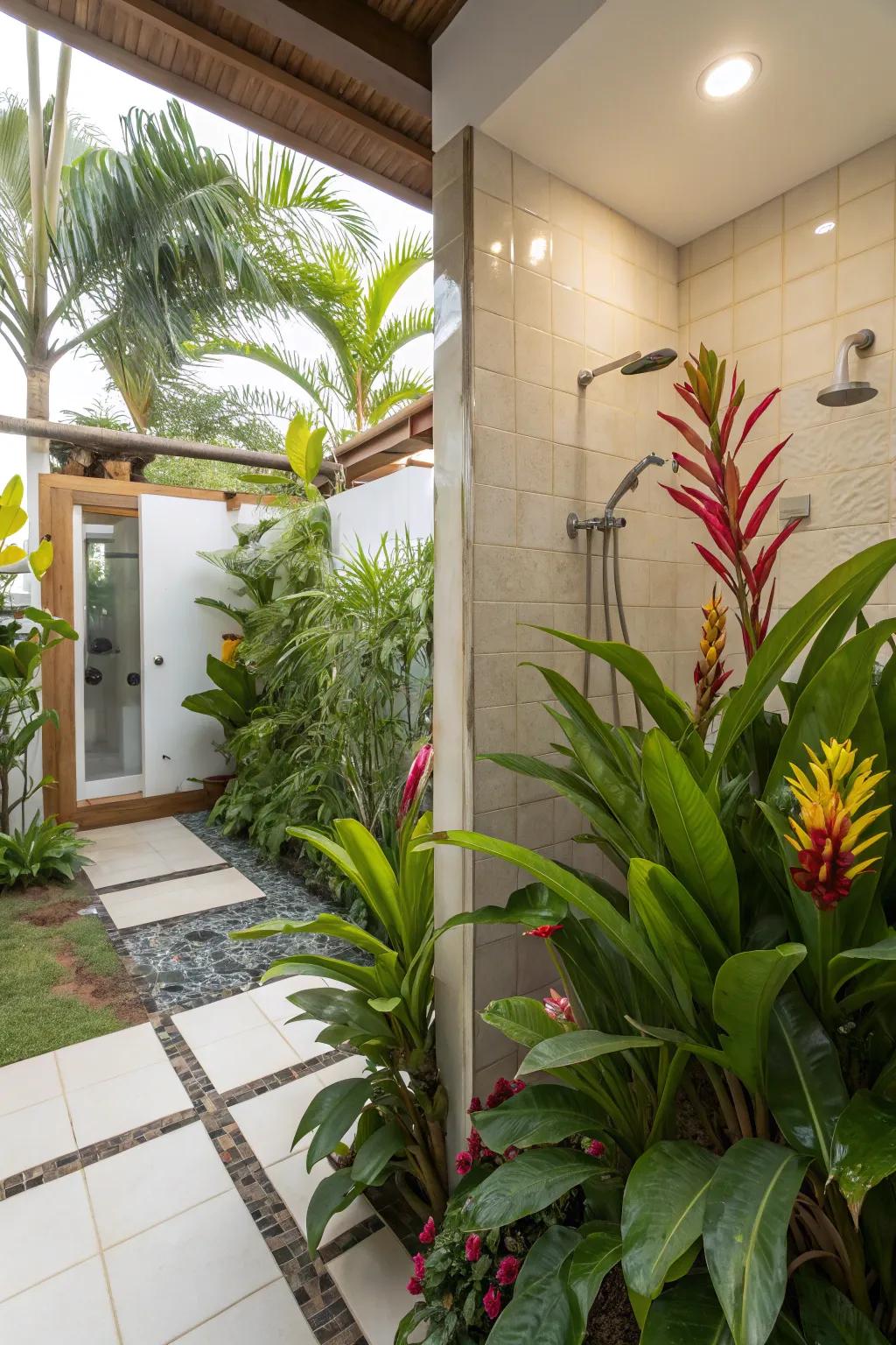 Tropical plants are at home inside the humid setting of a restroom.