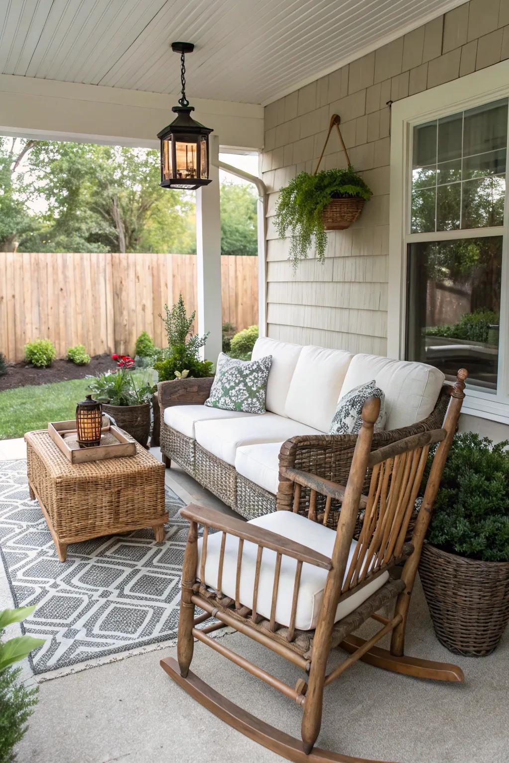 Chic outdoor furnishings that impart character to the side porch.