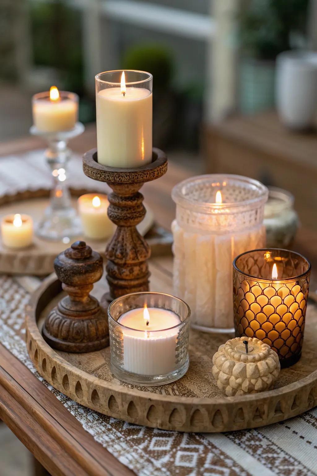 A cozy side table setting with an array of candles.