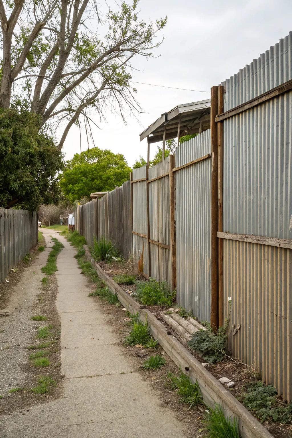 Industrial side yard featuring a rusted metal fence.