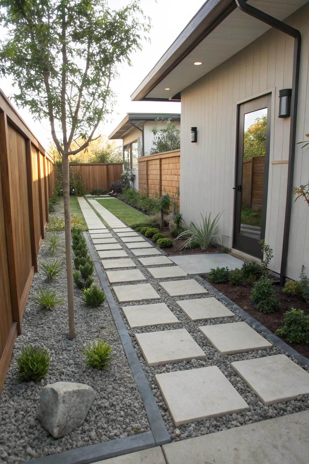Ground rock and stones fashion a stylish and easy-care path.