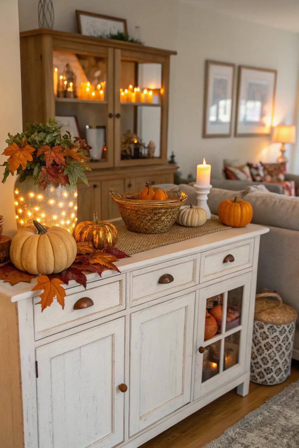 Festive embellishments on a credenza, such as gourds and foliage, bring in timely charm.