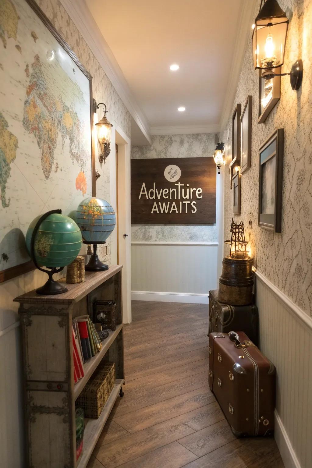 A hallway featuring a 'Voyage Awaits' plaque and travel-inspired decor.