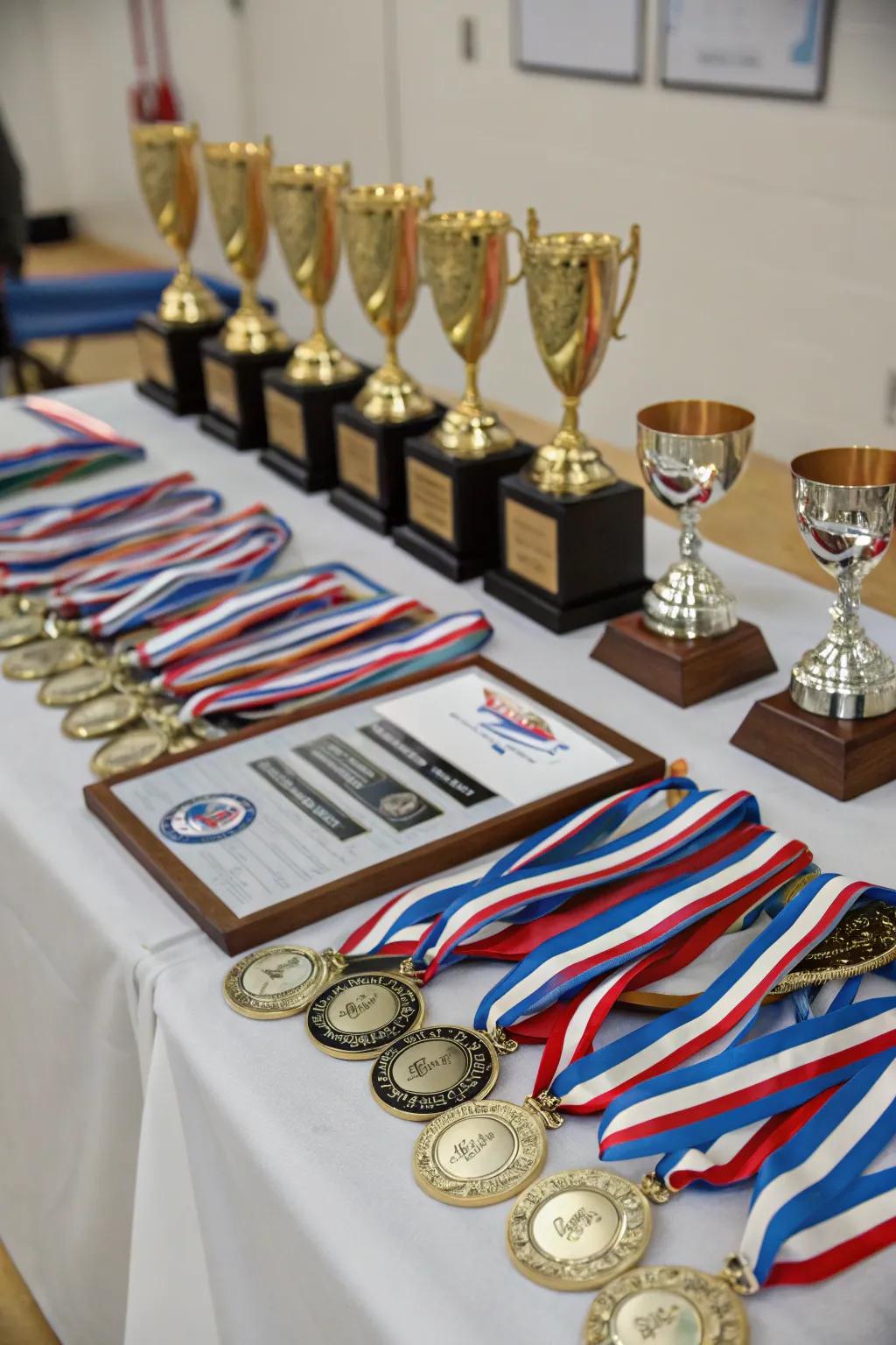 Medals and awards proudly displayed honor perseverance and talent.
