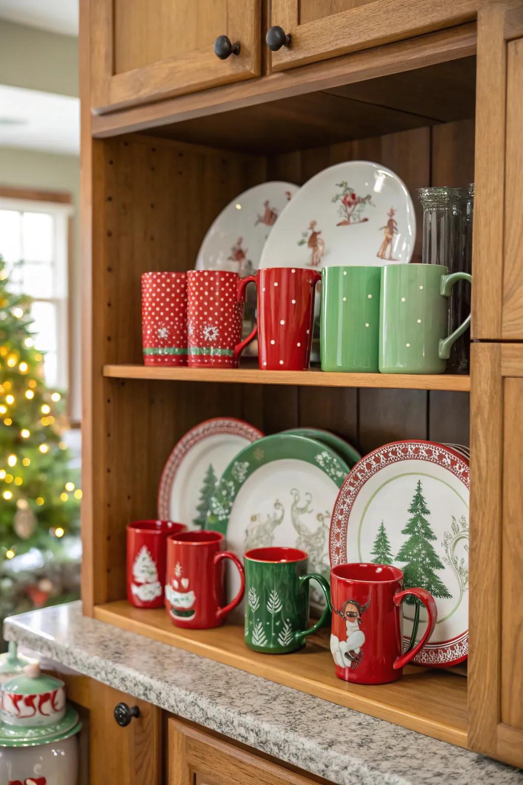 Seasonal tableware adds holiday charm.