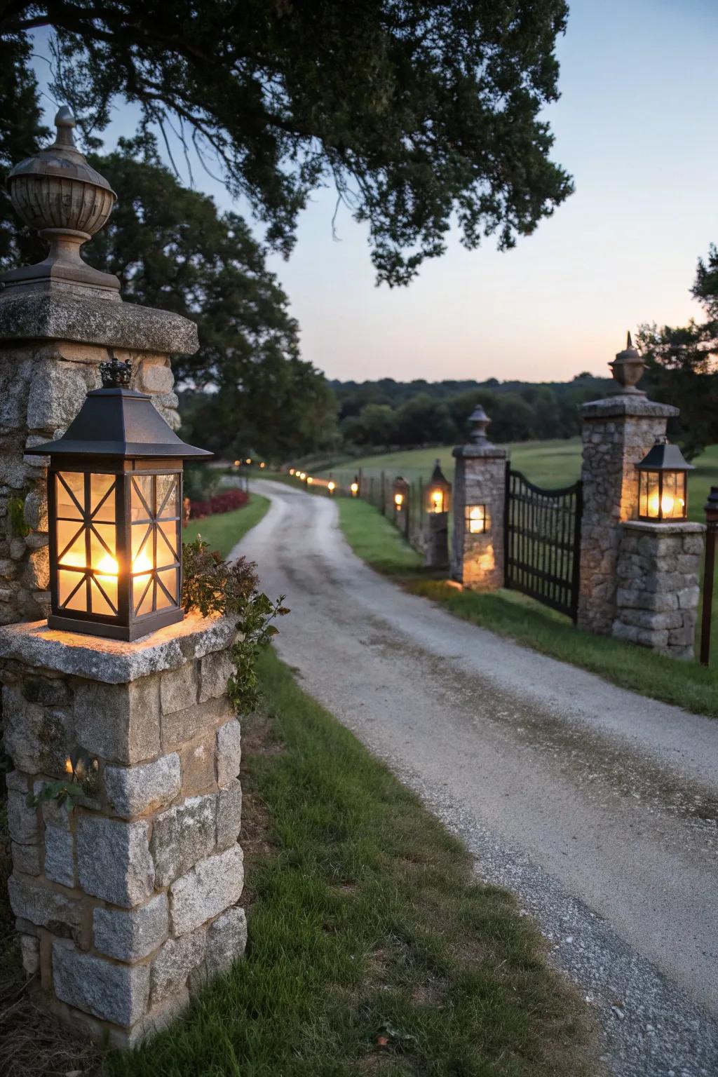 Lights brighten the pathway using an inviting sparkle.
