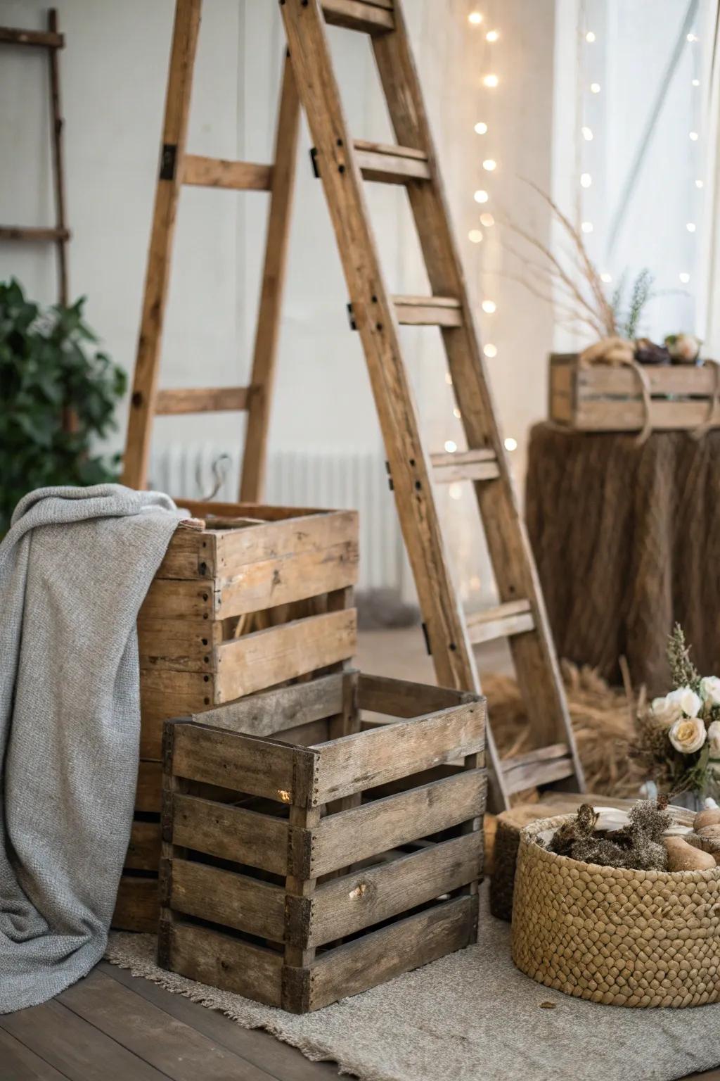 Country wood components contribute depth to the staging.