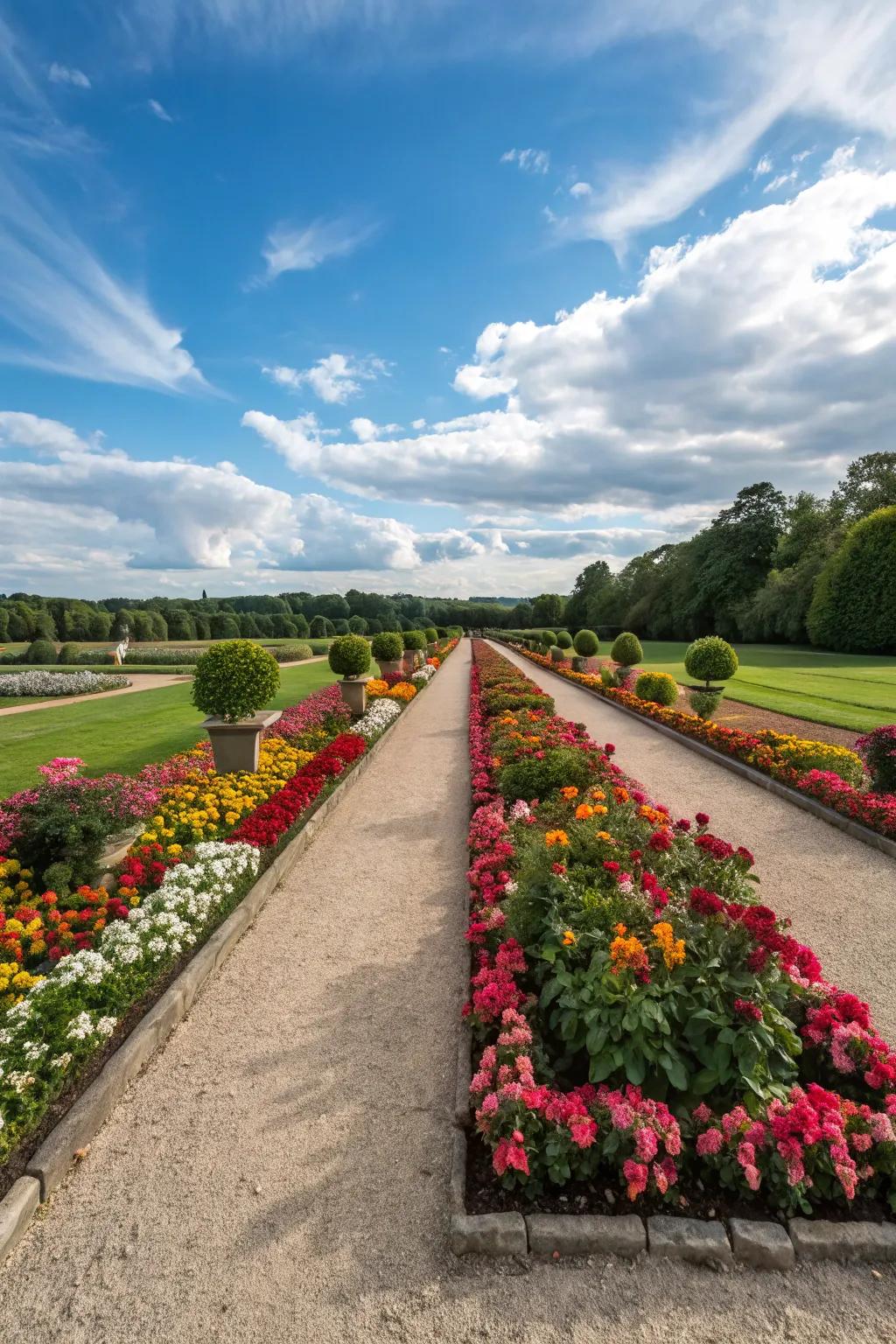 A symmetrical flower bed design creates a harmonious look that complements the house's architecture.