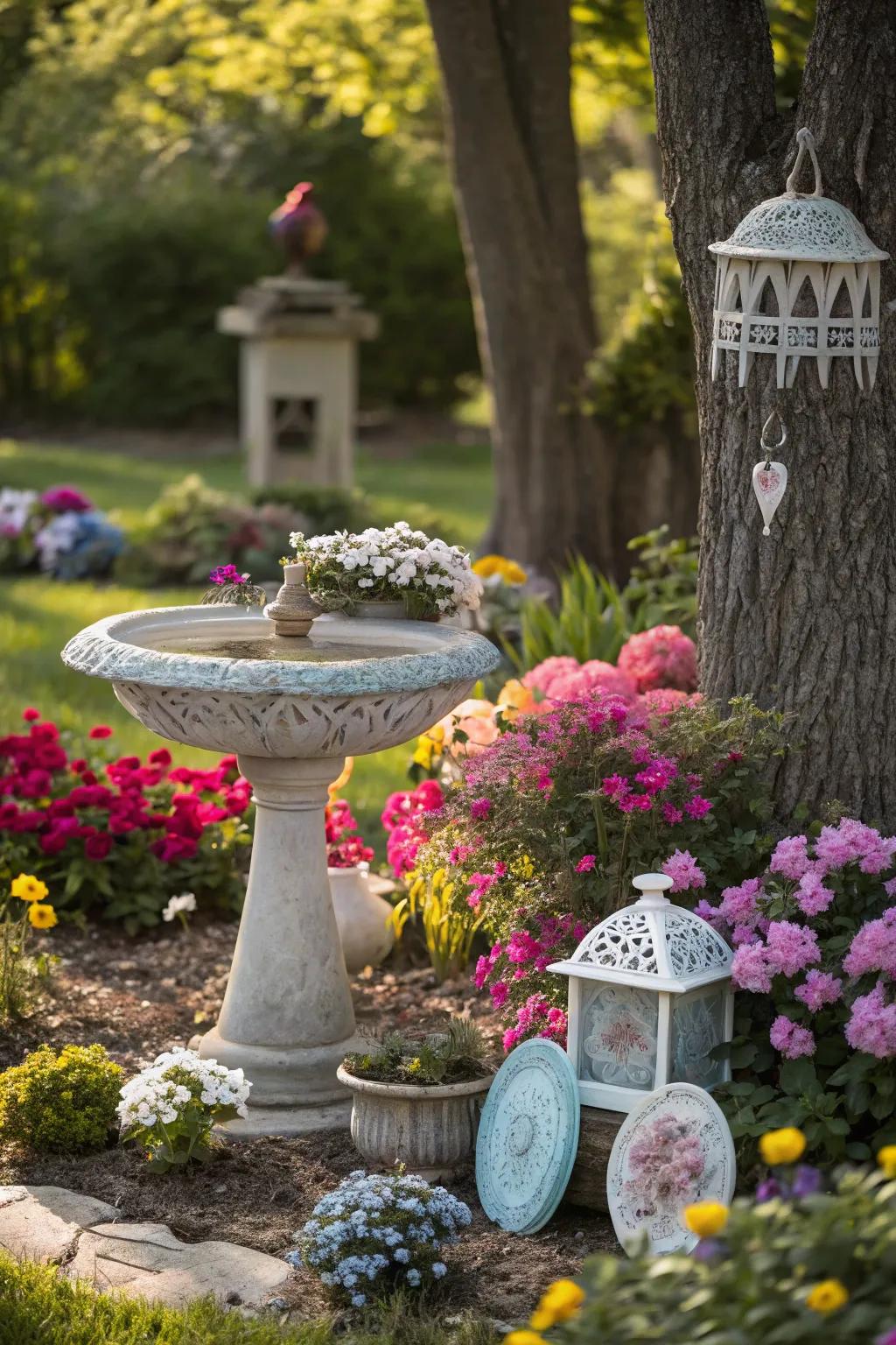Garden accents adding charm to a vibrant flower garden.