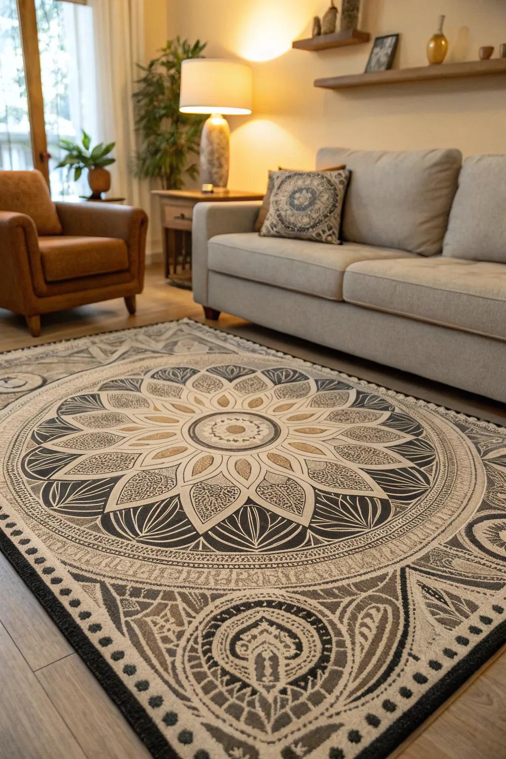 A fractal-themed rug gives elegance and cohesion to the living space.
