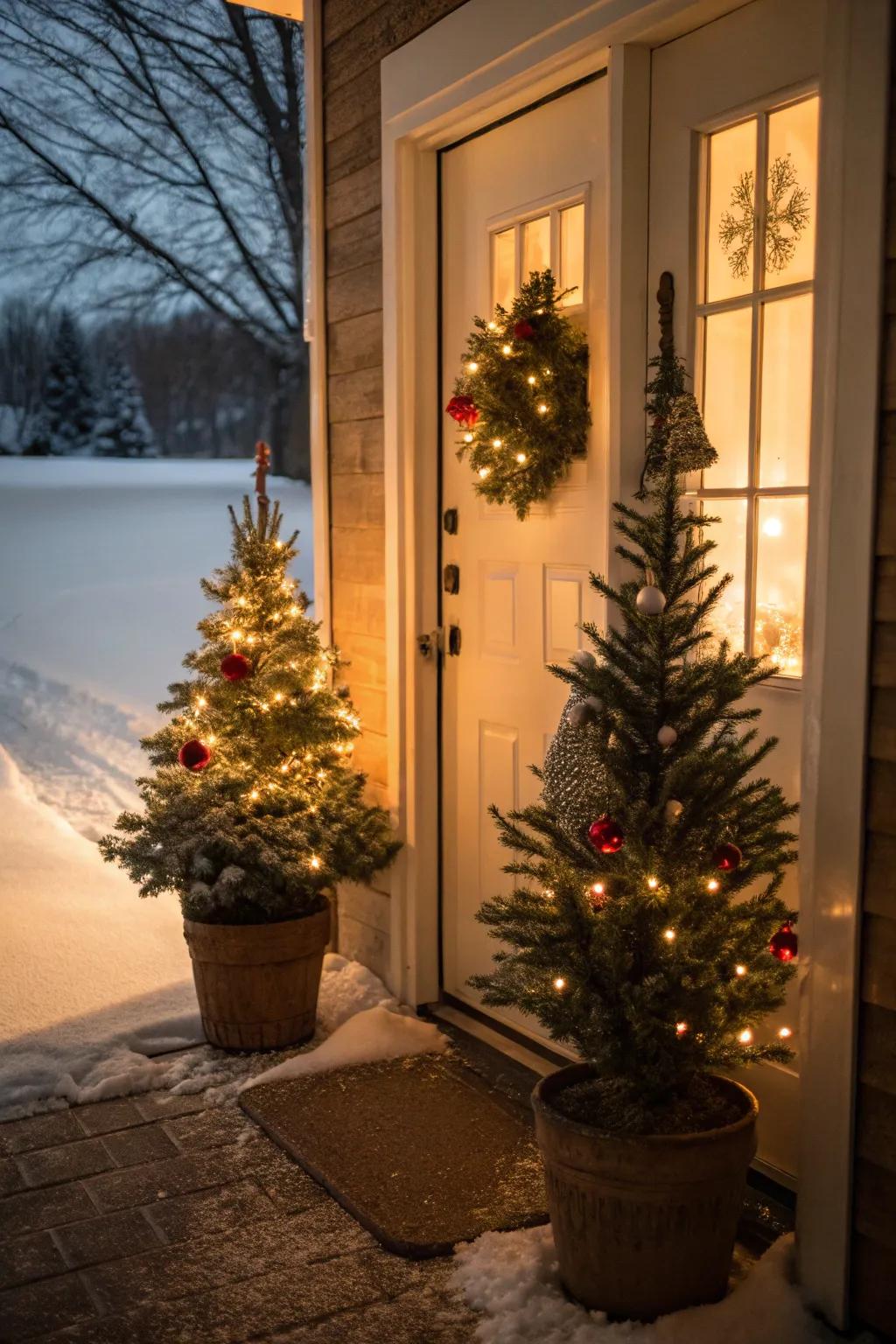 Mini Christmas trees in pots enhance the entrance with festive greenery.
