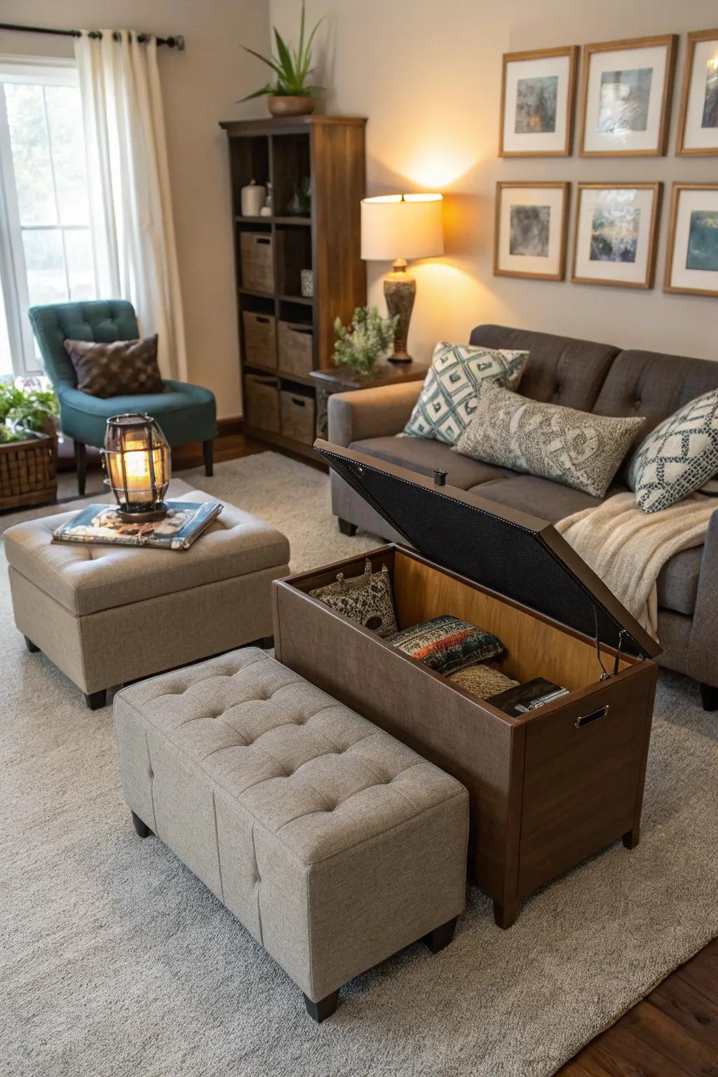 Multi-functional furniture helps keep a living area neat and efficient.
