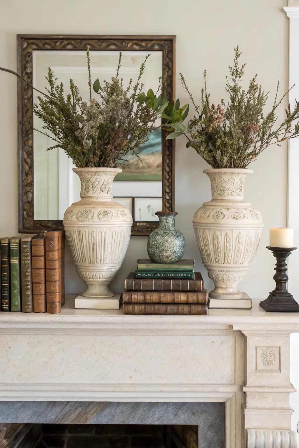 Symmetry adds a harmonious touch to this well-balanced mantel.