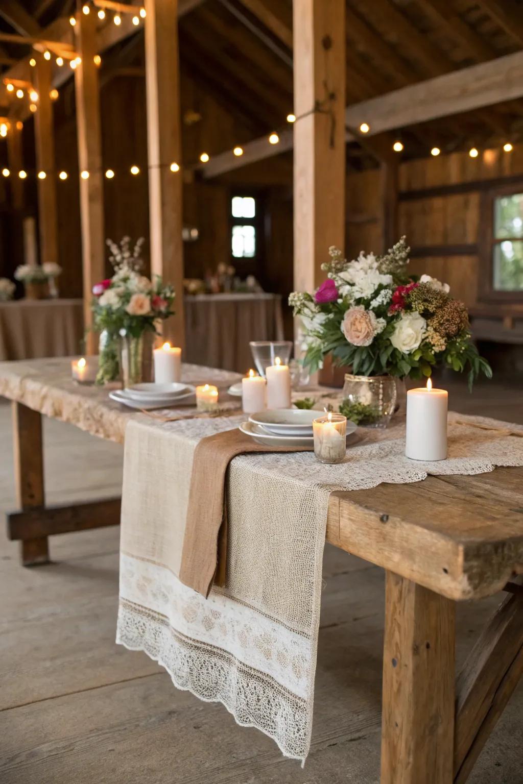 Rough-textured and fine linen runners on a rustic table.