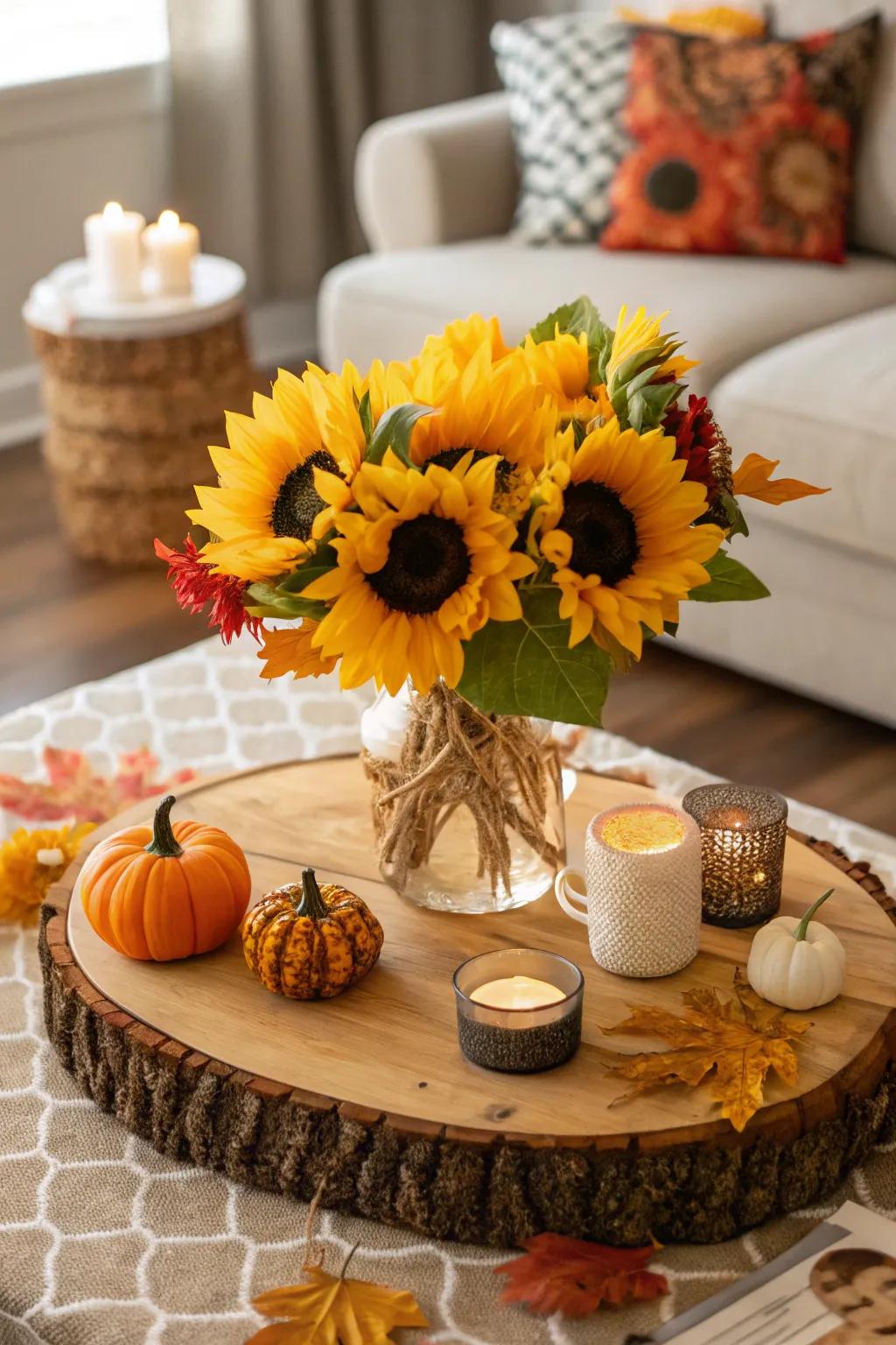 A lumber cut adds an organic touch to this sunflower arrangement.