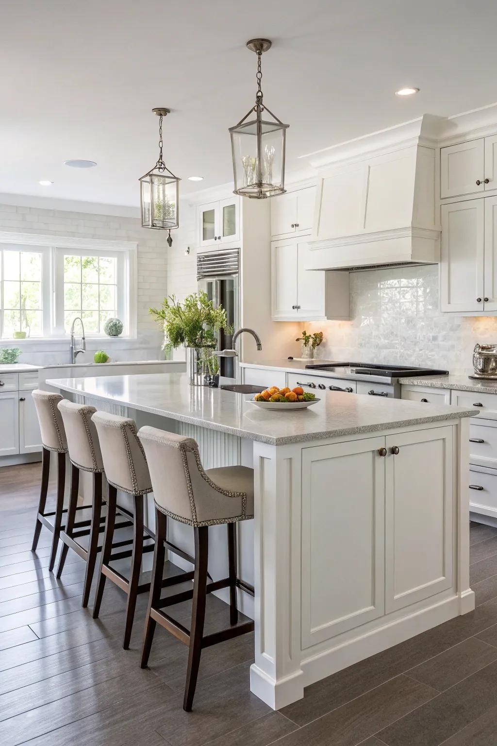 A white kitchen island that serves as a casual dining area.