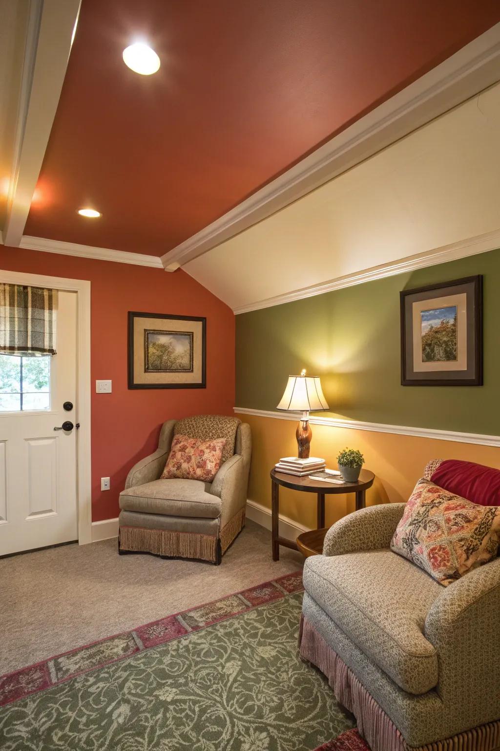 Color drenched baseboards produce a unified look in smaller rooms.