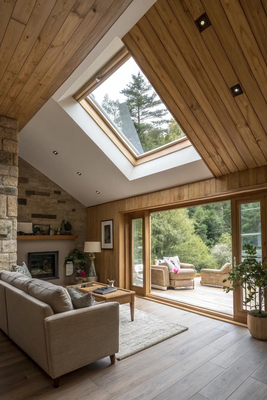 A living room with a skylight framed by wood panels.