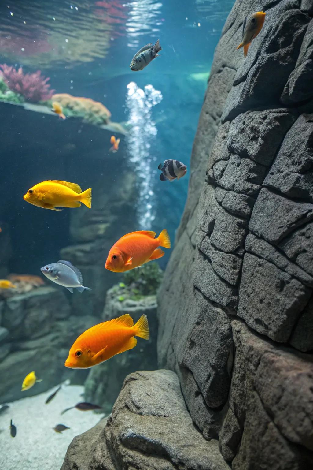 A textured mineral stone setting enriching the aquarium's profundity.