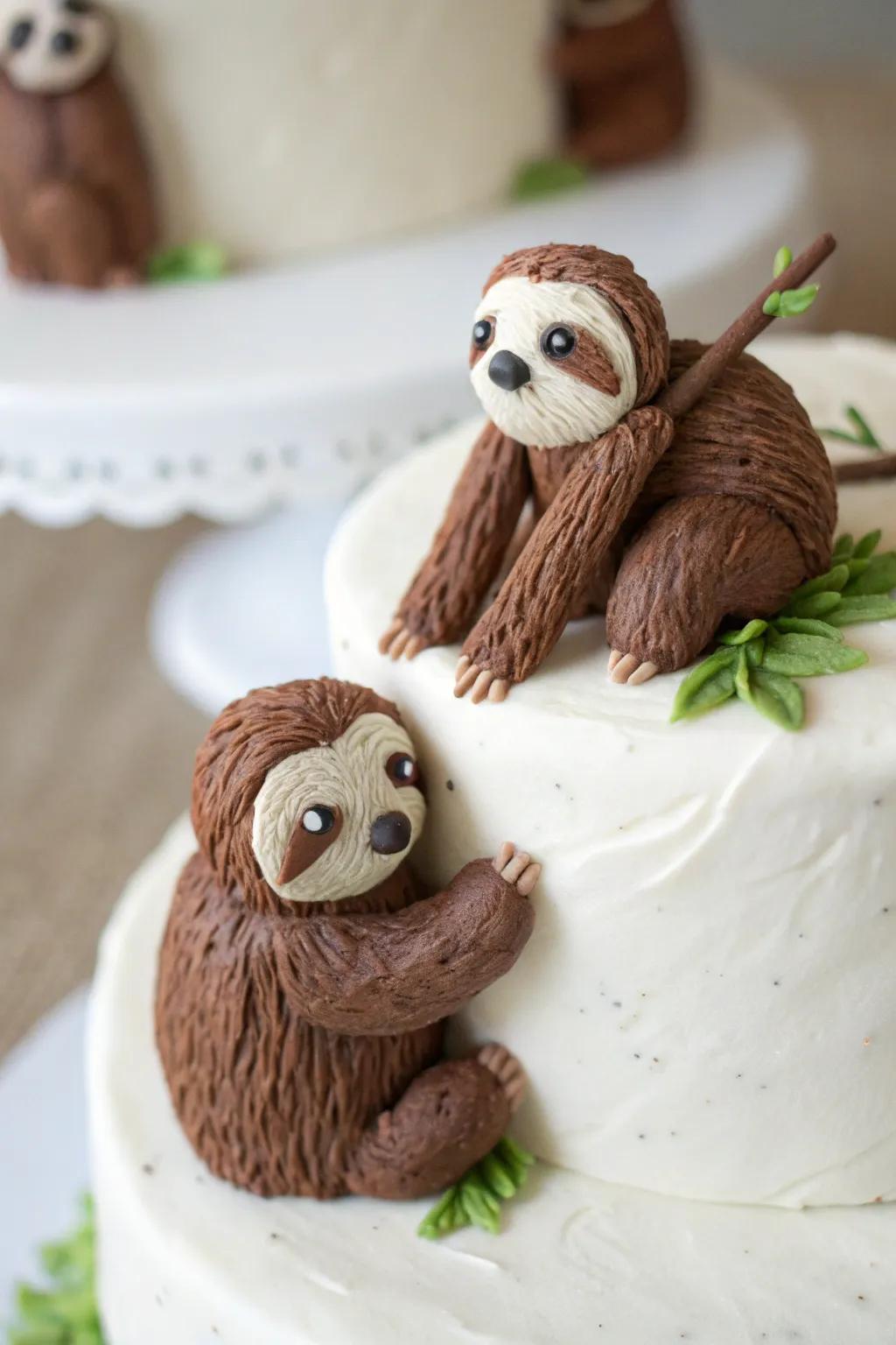 Tiny sloth toppers add charm to any dessert.
