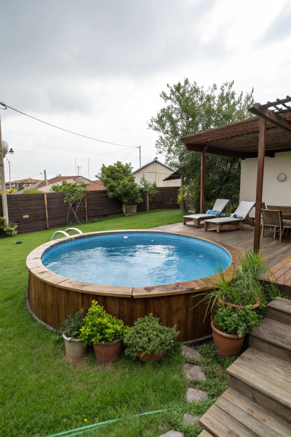 A uniquely shaped above-ground pool guaranteed to catch the attention.