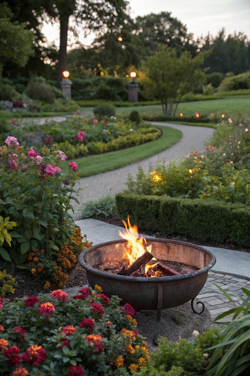 Enclosing the flame pit with greenery and blossoms fashions a tranquil, natural atmosphere.
