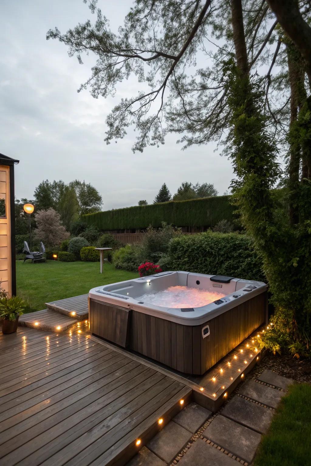 A backyard soak station with understated ambient illumination, ideal for twilight unwinding.